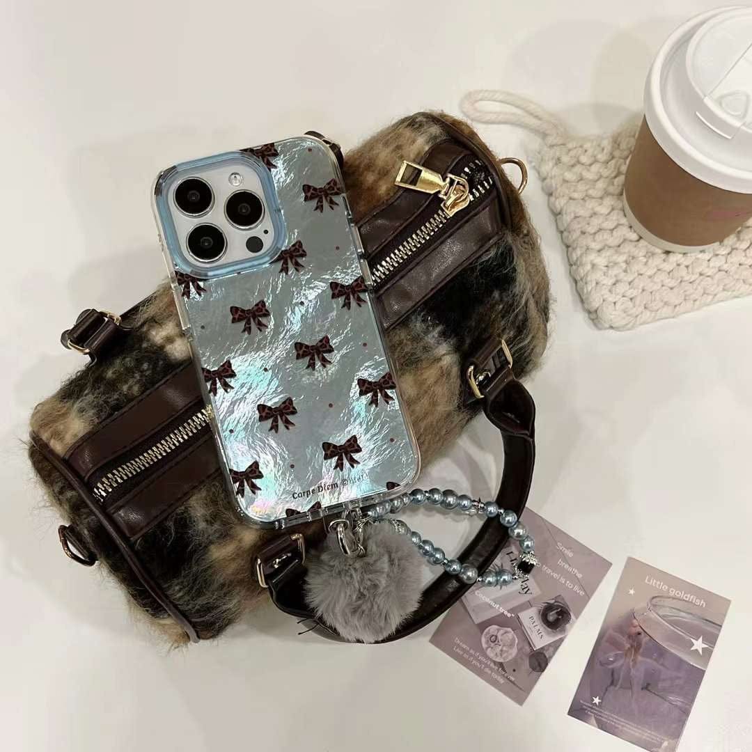 Holographic Bow Pattern Silicon iPhone Case With Rhinestone Charm