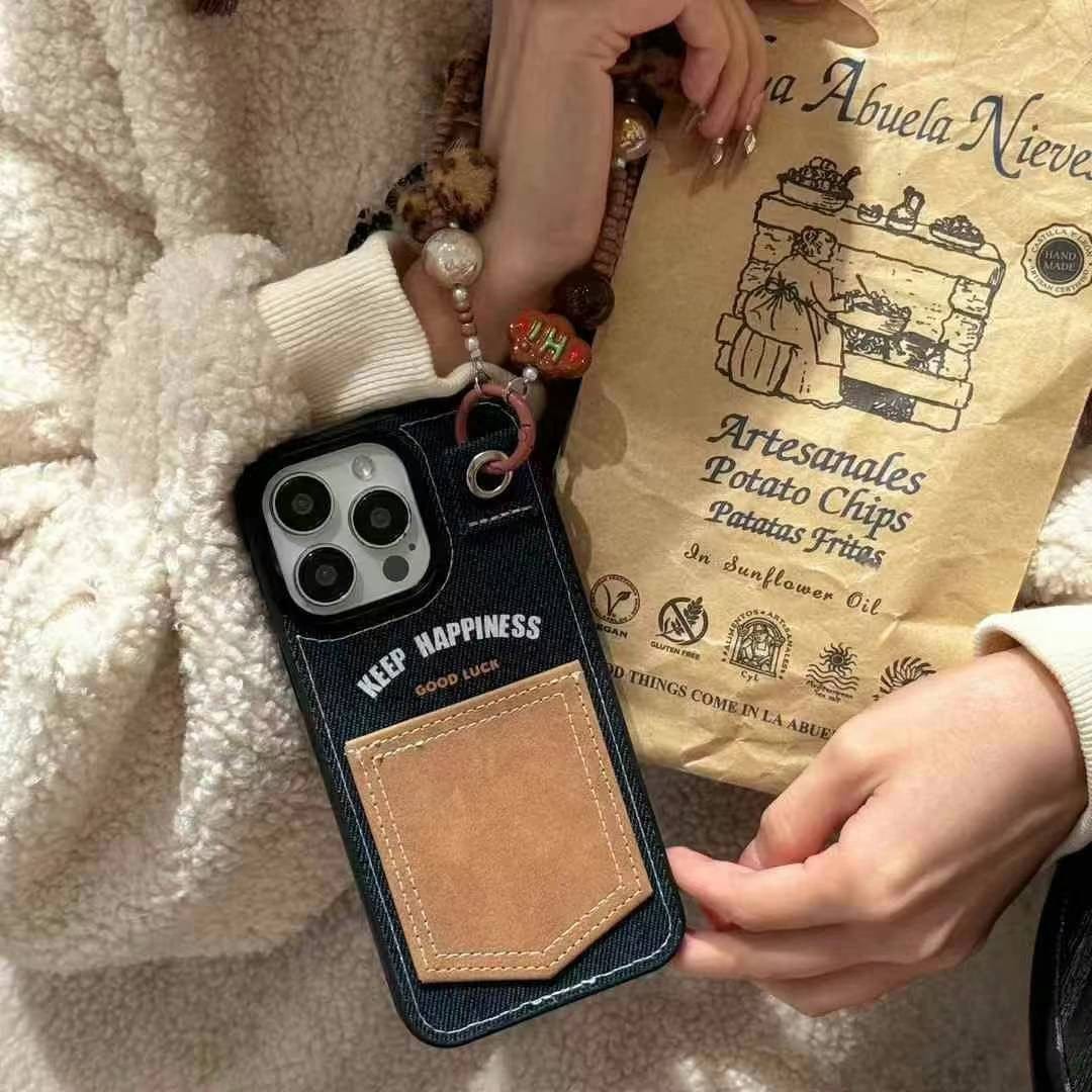 Keep Happiness Card Holder Style iPhone Case With Hand Bracelet
