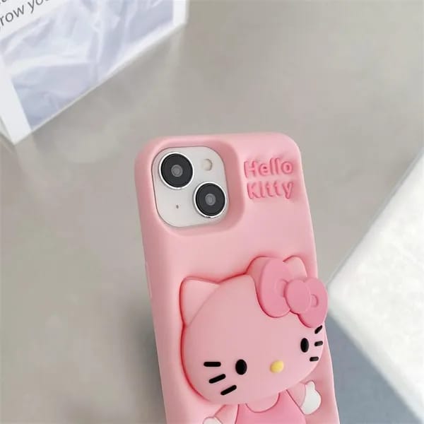 3D Cartoon Hello Kitty Case,Full Protective Bow Cat Girly Kitty Doll Animal Back Case For iPhone
