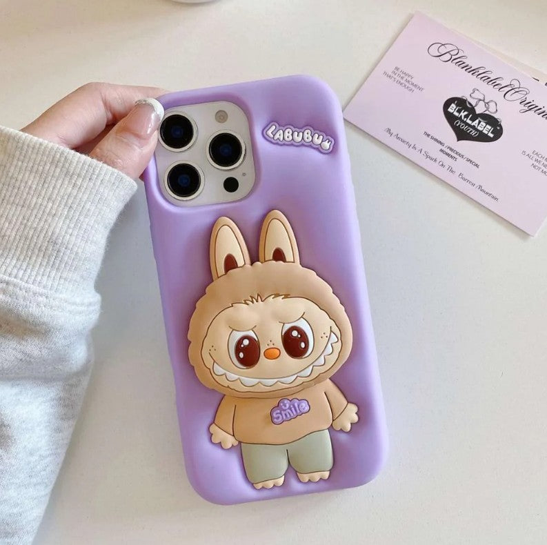 (Pack Of 3) Labubu Latest Hot Selling Silicone Case Cute 3D Cartoon Stretch Bracket iPhone Case