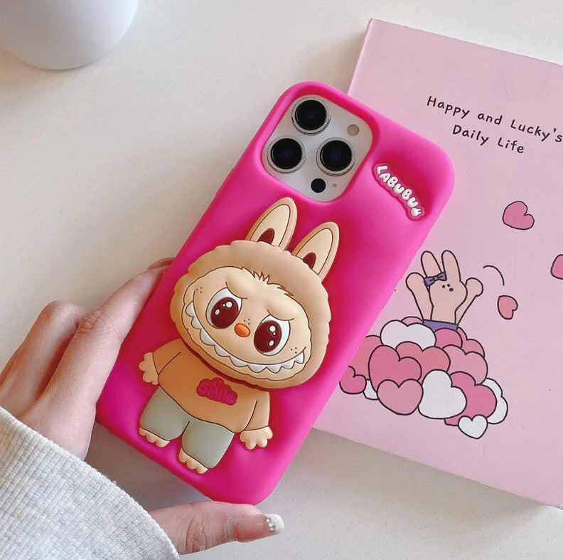 (Pack Of 3) Labubu Latest Hot Selling Silicone Case Cute 3D Cartoon Stretch Bracket iPhone Case