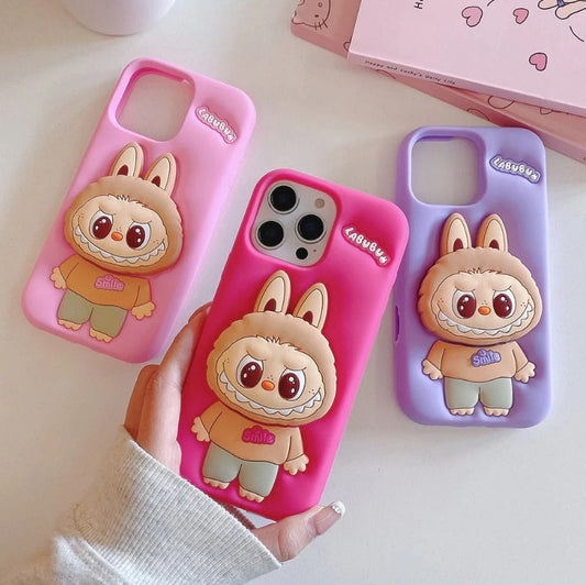 (Pack Of 3) Labubu Latest Hot Selling Silicone Case Cute 3D Cartoon Stretch Bracket iPhone Case