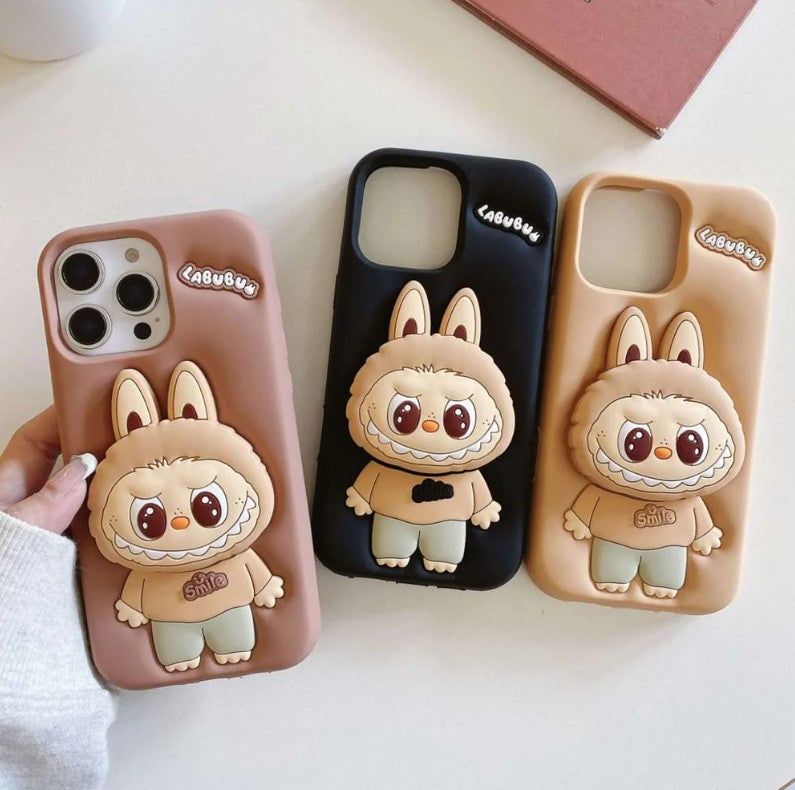 (Pack Of 3) Labubu Latest Hot Selling Silicone Case Cute 3D Cartoon Stretch Bracket iPhone Case