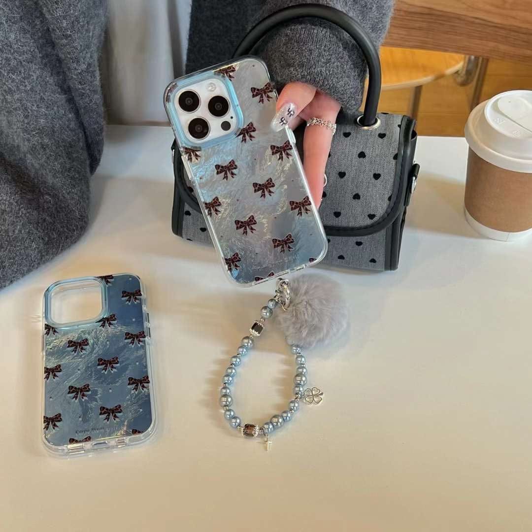 Holographic Bow Pattern Silicon iPhone Case With Rhinestone Charm