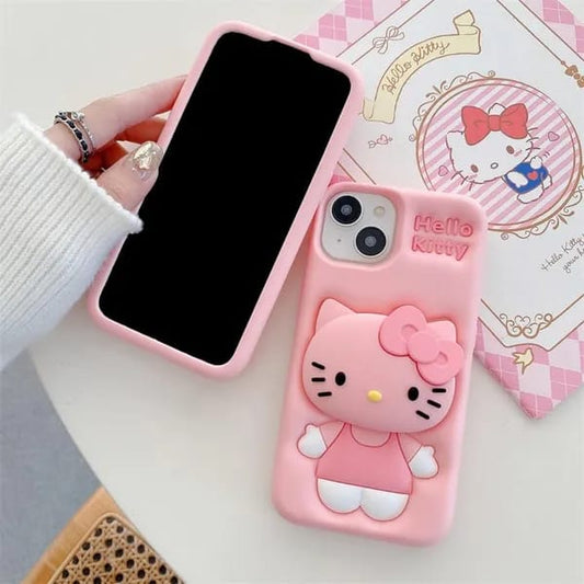 3D Cartoon Hello Kitty Case,Full Protective Bow Cat Girly Kitty Doll Animal Back Case For iPhone